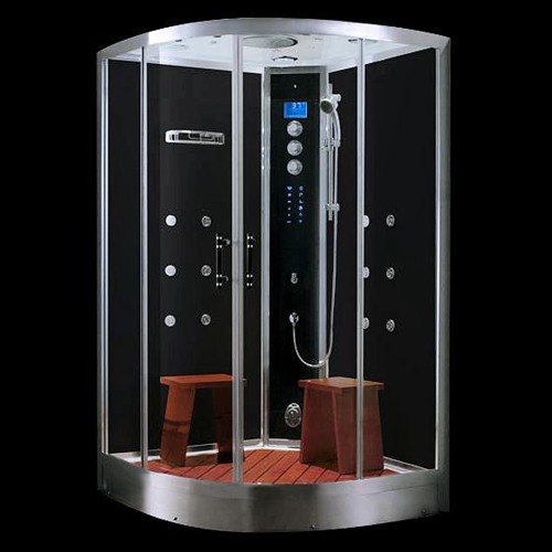 Larger image of Hydra Quadrant Steam Shower Enclosure (Black, Oak). 1200x1200mm.