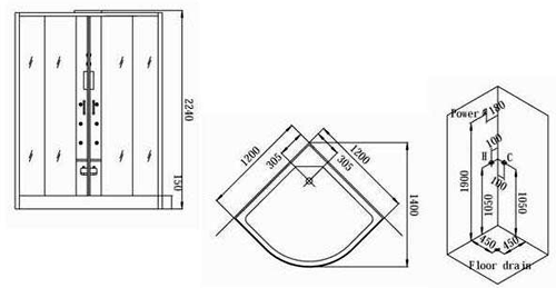 Technical image of Hydra Quadrant Steam Shower Enclosure (Black, Oak). 1200x1200mm.