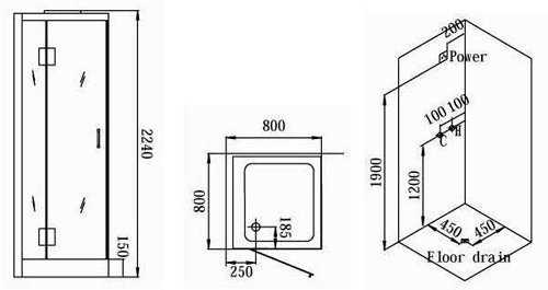 Technical image of Hydra Square Steam Shower Enclosure (Black, Oak, Left Handed). 800x800.