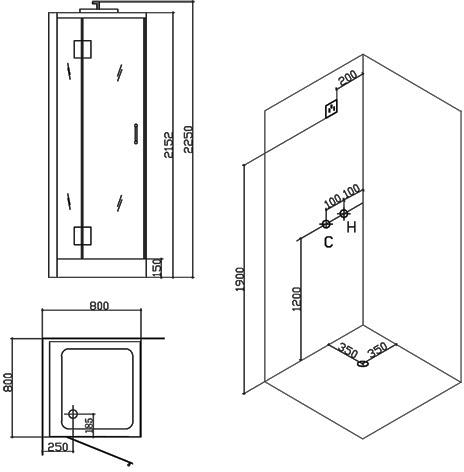 Technical image of Hydra Square Steam Shower Enclosure (Black,Teak, Left Handed). 800x800.