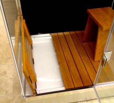 Example image of Hydra Steam Shower Enclosure (Black, Teak, Right Handed). 900x700mm.