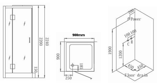 Technical image of Hydra Square Steam Shower Enclosure (Black, Oak, Left Handed). 900x900.