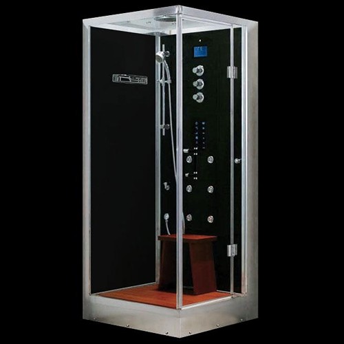Larger image of Hydra Square Steam Shower Enclosure (Black, Oak, Right Hand). 900x900.