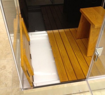 Example image of Hydra Square Steam Shower Enclosure (Black, Oak, Right Hand). 900x900.