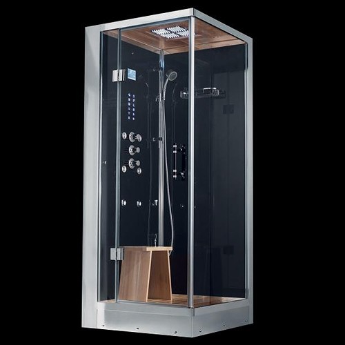 Larger image of Hydra Square Steam Shower Enclosure (Black, Teak, Left Hand). 900x900.