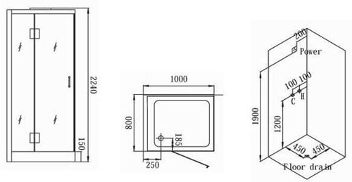 Technical image of Hydra Rectangular Steam Shower Enclosure (Oak, Left Handed). 1000x800.