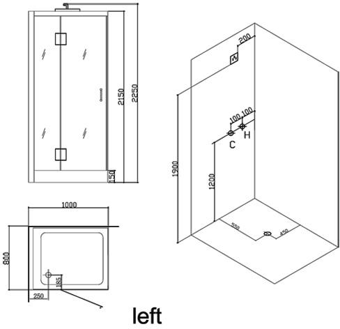 Technical image of Hydra Rectangular Steam Shower Enclosure (Teak, Left Handed). 1000x800.