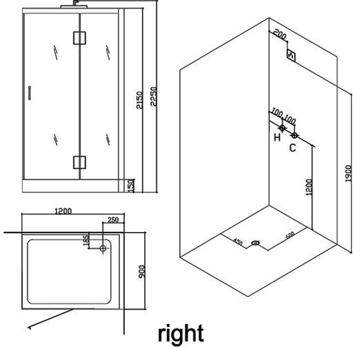 Technical image of Hydra Rectangular Steam Shower Enclosure (Oak, Right Handed). 1200x900.