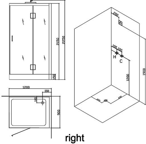 Technical image of Hydra Rectangular Steam Shower Enclosure (Teak, Right Handed). 1200x900.