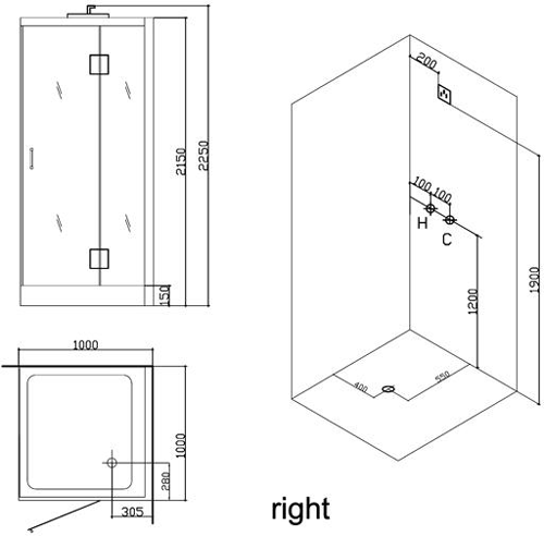 Technical image of Hydra Square Steam Shower Enclosure (Teak, Right Handed). 1000x1000.