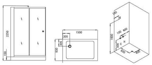 Technical image of Hydra Rectangular Steam Shower Enclosure (Oak, Left Handed). 1500x900.