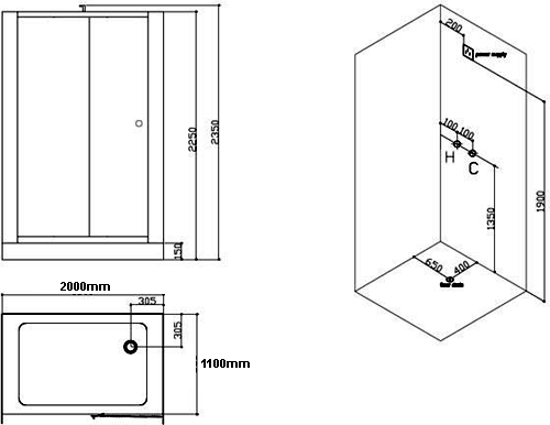 Technical image of Hydra Inset Steam Shower Enclosure (Oak, Sliding Door). 2000x1100.