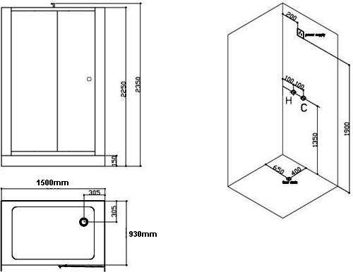 Technical image of Hydra Inset Steam Shower Enclosure (Teak, Hinged Door). 1500x930.