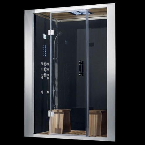 Larger image of Hydra Inset Steam Shower Enclosure (Teak, Hinged Door). 2000x1100.