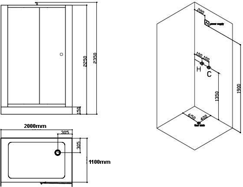 Technical image of Hydra Inset Steam Shower Enclosure (Teak, Hinged Door). 2000x1100.