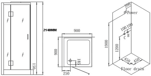 Technical image of Hydra Steam Shower Enclosure For Wetrooms (Oak, Left Hand). 900x900.