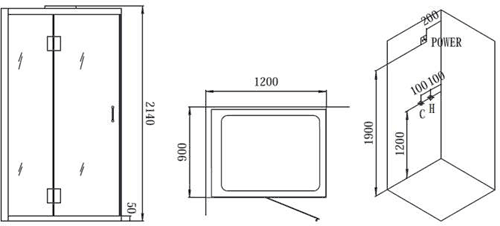 Technical image of Hydra Steam Shower Enclosure For Wetrooms (Oak, Left Hand). 1200x900.