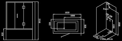 Technical image of Hydra Steam Shower Bath With Enclosure & Jets (Right Handed). 1650x850.