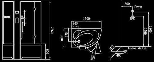 Technical image of Hydra Corner Steam Shower Bath With Jets (Right Handed). 1500x1000.