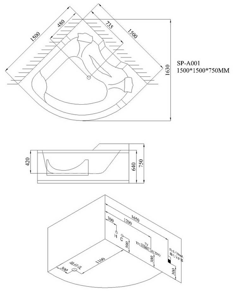 Technical image of Hydra Corner Whirlpool Bath With Bath Panel & Head Rests. 1500x1500.