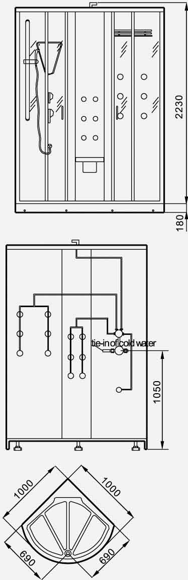 Technical image of Hydra Pro 1000x1000 Complete hydro therapy quadrant enclosure.