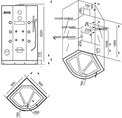 Technical image of Hydra Pro 900x900 Steam massage shower enclosure, mirror panels.