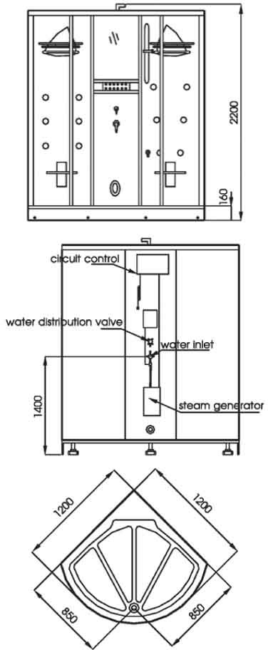 Technical image of Hydra Pro 1200x1200 Steam massage shower enclosure for two.