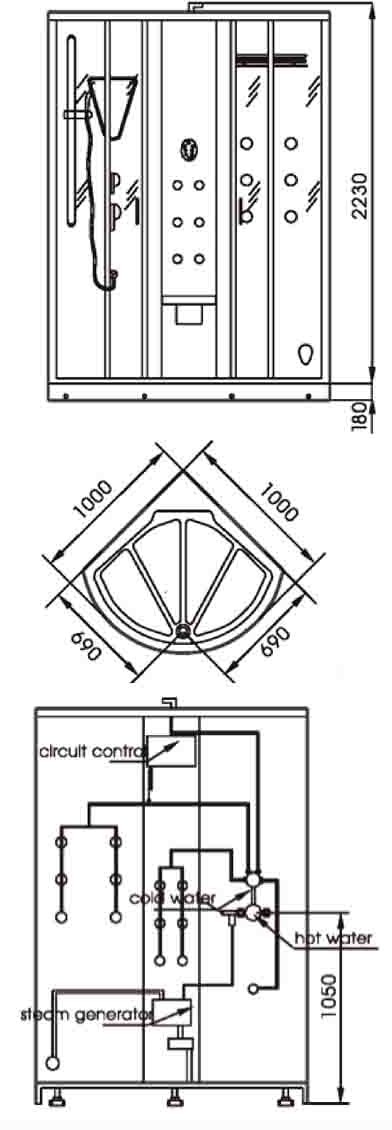 Technical image of Hydra Pro 1000x1000 Steam massage shower enclosure.