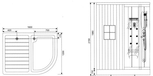 Technical image of Hydra Pro Sauna and steam massage shower enclosure, left handed.