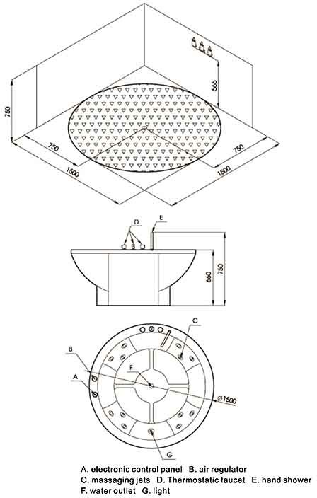 Technical image of Hydra Pro Freestanding Circular Whirlpool Bath with TV.  Diameter 1500mm.