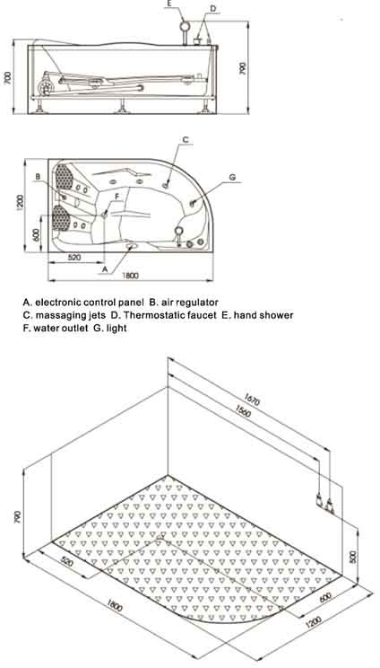 Technical image of Hydra Pro Whirlpool bath for two people. Right Hand. 1800x1200mm.