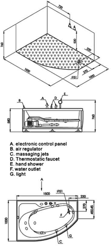 Technical image of Hydra Pro Deluxe Whirlpool Bath.  Left Hand. 1500x1000mm.