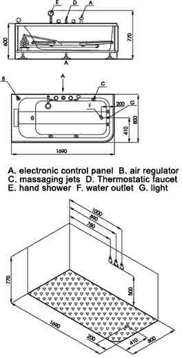 Technical image of Hydra Pro Deluxe Whirlpool Bath wth TV.  Left Hand. 1690x800mm.