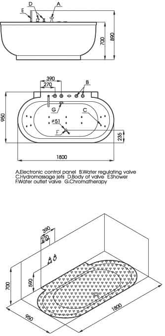 Technical image of Hydra Pro Freestanding Back to Wall Whirlpool Bath. 1800x950mm.