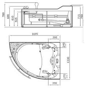 Technical image of Hydra Pro Whirlpool Bath for 2 Persons.  Left Hand. 1695x1330mm.