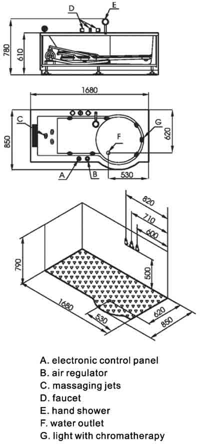 Technical image of Hydra Pro Complete Shower Bath (Right Hand). 1680mm. 8 Jet whirlpool.