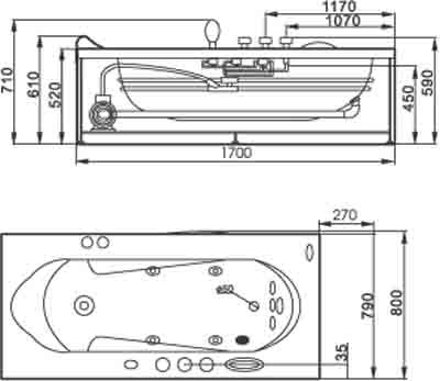 Technical image of Hydra Pro Deluxe Whirlpool Bath.  Left Handed. 1700x800mm.