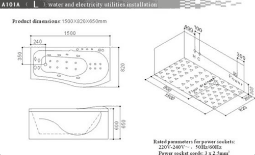 Technical image of Hydra P Shaped Whirlpool Bath With Bath Panels. 1500x820 (Left Handed).