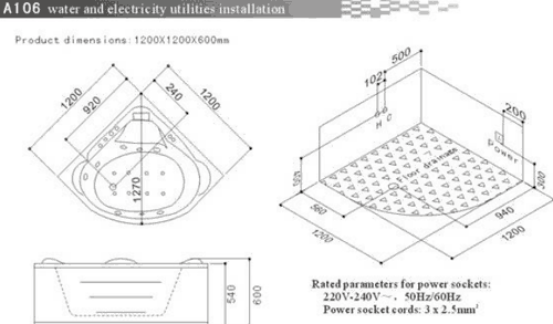 Technical image of Hydra Corner Whirlpool Bath With Panel. 1200x1200mm.