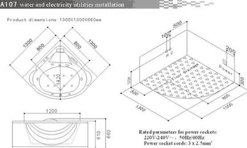 Technical image of Hydra Corner Whirlpool Bath With Panel. 1300x1300mm.