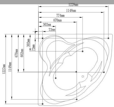 Technical image of Hydra Corner Whirlpool Bath With Panel. 1300x1300mm.