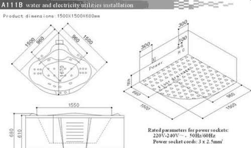 Technical image of Hydra Corner Whirlpool Bath With Panel. 1520x1520x700mm.