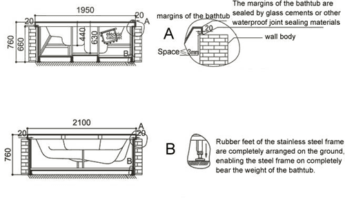 Technical image of Hydra Large Sunken Whirlpool Bath With Head Rests. 2100x1950.