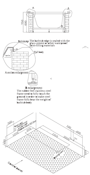 Technical image of Hydra Sunken Whirlpool Bath With Head Rests. 2020x1270.