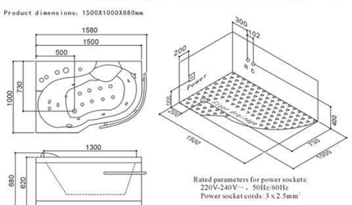 Technical image of Hydra Corner Whirlpool Bath With Bath Panels. 1500x1000 (Left Handed).