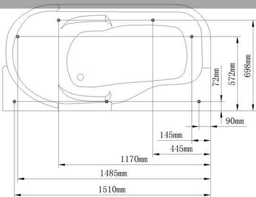 Technical image of Hydra Back To Wall Whirlpool Bath & Panel. 1600x820mm (Left Handed).