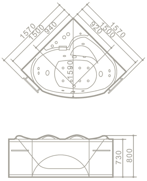 Technical image of Hydra Corner Whirlpool Bath With Bath Panel & Head Rests. 1500x1500mm.