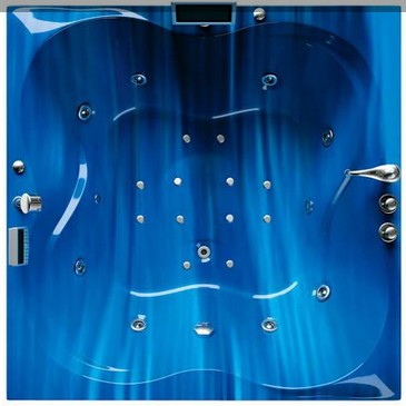 Example image of Hydra Large Square Sunken Whirlpool Bath With TV (Blue). 1500x1500mm.