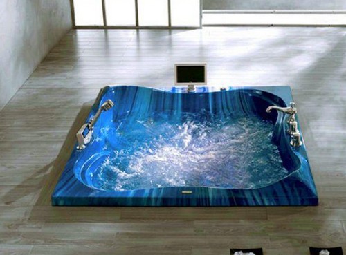 Example image of Hydra Large Square Sunken Whirlpool Bath With TV (Blue). 1500x1500mm.