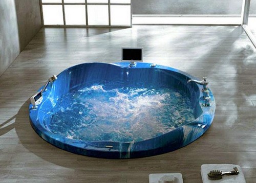 Example image of Hydra Large Round Sunken Whirlpool Bath With TV (Blue). 1600x1600mm.